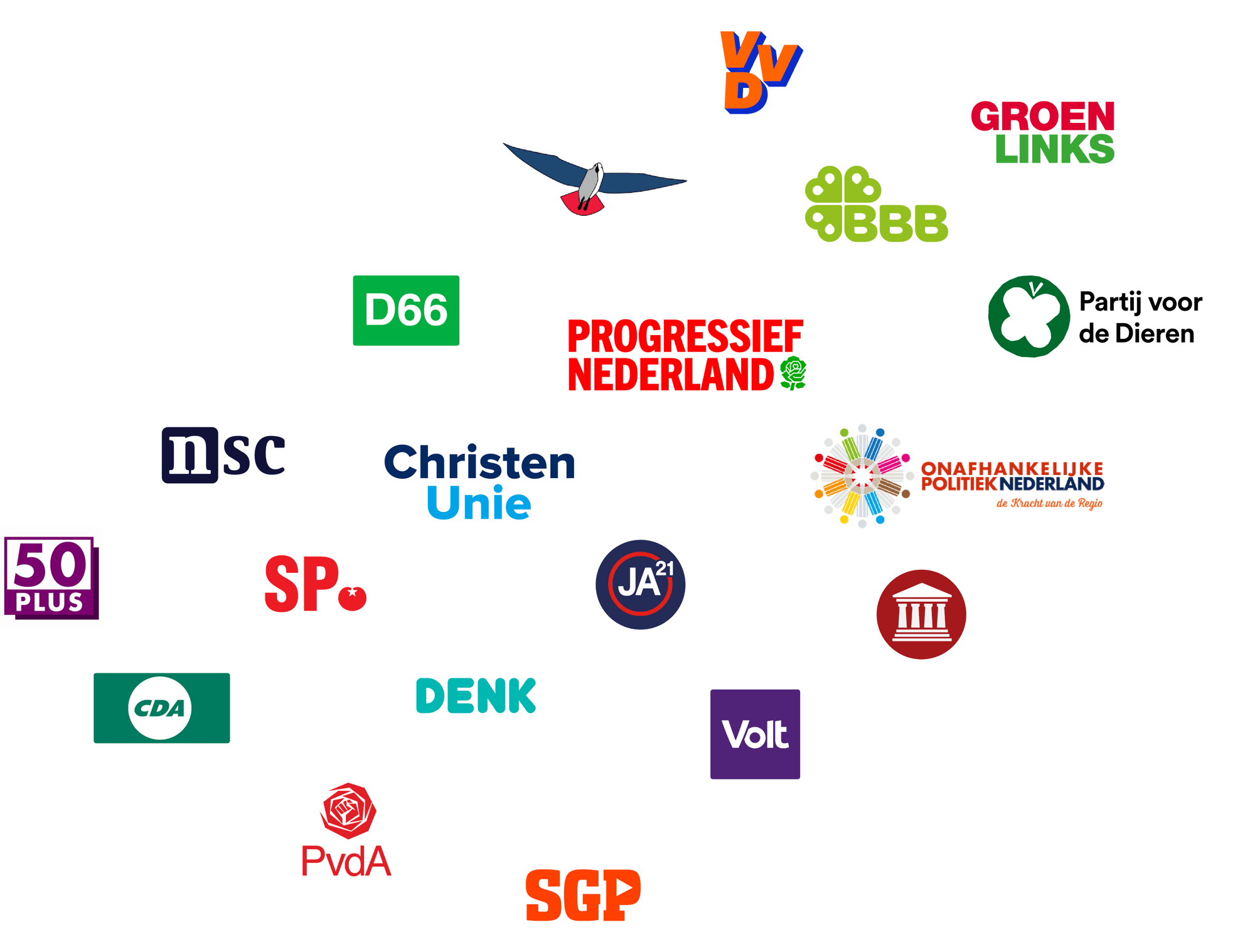 Logo's van politieke partijen in Nederland: VVD, SGP, PVV, BBB, D66, GroenLinks, Partij voor de Dieren, NSC, ChristenUnie, OPNL, SP, JA21, FVD, 50PLUS, DENK, Volt, CDA en PvdA.